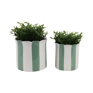 S/2 6/8\" Striped Scallop Edge Planters, White/gn