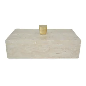 9x5" Travertine Box With Gold Knob, Tan