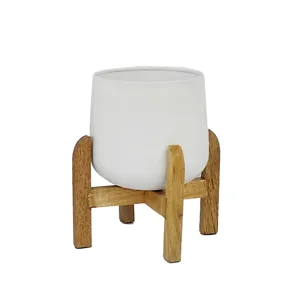 S/3 Metal 9/10/12" Planter W/ Wood Stand, White