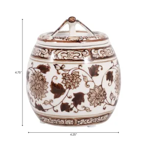5\" 8.5oz Peony Chinoiserie Lidded Candle,brown/wht