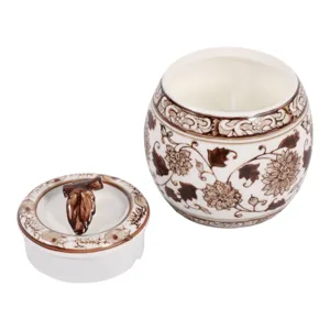 5\" 8.5oz Peony Chinoiserie Lidded Candle,brown/wht