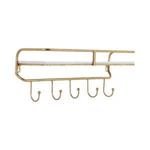 Ec Metal/wood 20\" 5  Hook Wall Shelf, White/gold