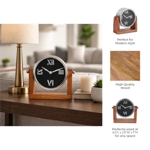 7x7\" Clock On Wood Base, Natural/silver