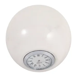 5x4\" Round Marble Clock On Base, White/silver