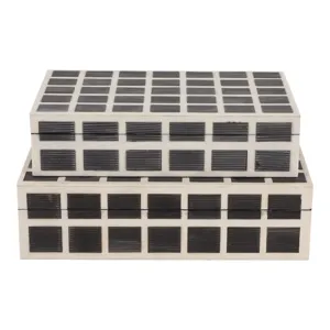 S/2 10/11" Etched Squares Resin Boxes, Ivory/brown