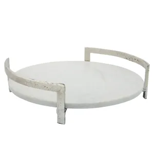 14" Metal Tray W/ Marble, Silver