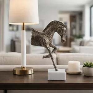 15x9" Galloping Horse On Marble Base, Antique Bras