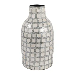 15x9\" Capiz Plaid Vase, Ivory Multi