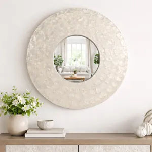 27" Round Capiz Mirror, Ivory