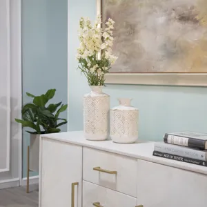 Metal  13" Deco Tribal Jar, Antique White