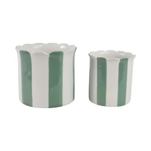 S/2 6/8\" Striped Scallop Edge Planters, White/gn