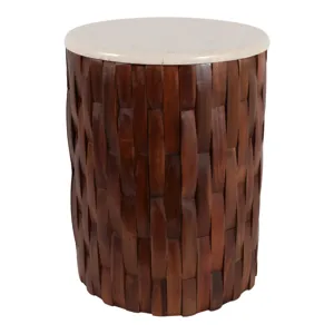 19x14" Woven Teak Base Accent Table, Ivory/brown
