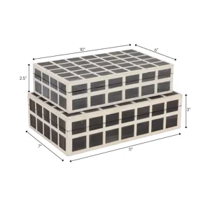 S/2 10/11" Etched Squares Resin Boxes, Ivory/brown