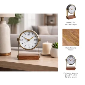 7x5\" Round Clock On Wood Base, Multi