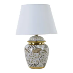 18" Chinoiserie Birds Table Lamp Gold Trim,wht/brw