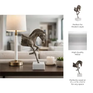 15x9" Galloping Horse On Marble Base, Antique Bras