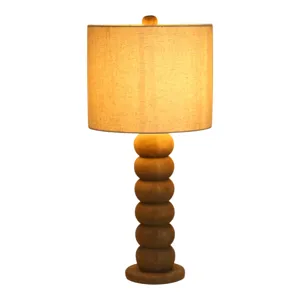 15" Wooden Table Lamp With Cotton Linen Beige Shad