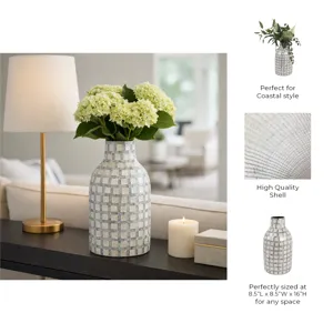15x9\" Capiz Plaid Vase, Ivory Multi