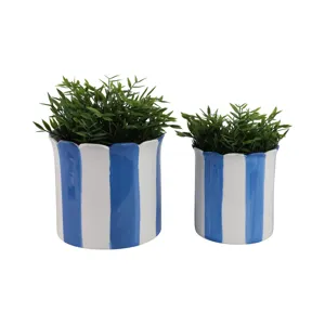 S/2 6/8\" Striped Scallop Edge Planters, White/blue