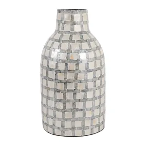 15x9\" Capiz Plaid Vase, Ivory Multi