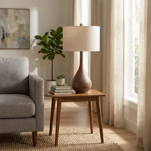 18" Wooden Table Lamp With Cotton Shade