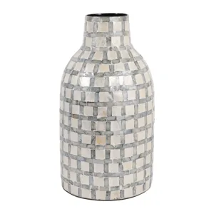 15x9\" Capiz Plaid Vase, Ivory Multi