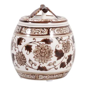 5\" 8.5oz Peony Chinoiserie Lidded Candle,brown/wht