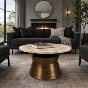 30x16\" Agate Top Metal Base Coffee Table, White/go