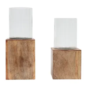 Wood, 15\" Square Base Pillar Hurricane, Natural