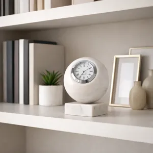 5x4\" Round Marble Clock On Base, White/silver