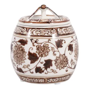 5\" 8.5oz Peony Chinoiserie Lidded Candle,brown/wht