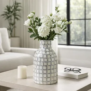 15x9\" Capiz Plaid Vase, Ivory Multi