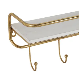 Ec Metal/wood 20\" 5  Hook Wall Shelf, White/gold