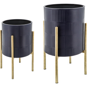 S/2 Textured Planter On Metal Stand, Navy/gld