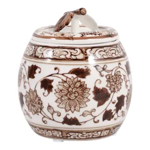 5\" 8.5oz Peony Chinoiserie Lidded Candle,brown/wht