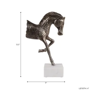 15x9" Galloping Horse On Marble Base, Antique Bras