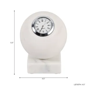5x4\" Round Marble Clock On Base, White/silver