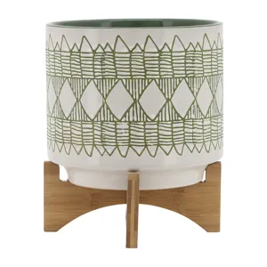 Ceramic 10" Aztec Planter On Wooden Stand, Olive