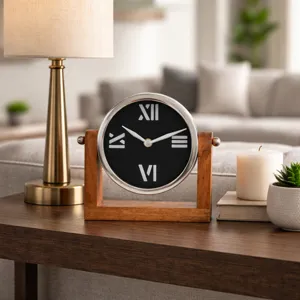 7x7\" Clock On Wood Base, Natural/silver