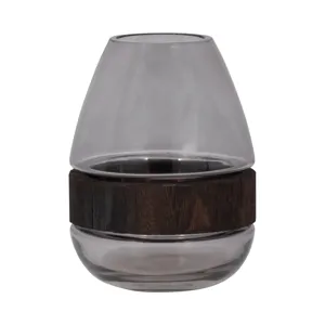 Glass, 10\" Belly Vase W/ Wood Band, Clear