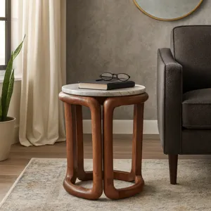18x14\" Mrble Top Inlay Wood Accent Table,ivry/brwn