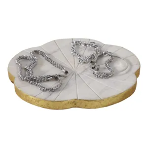 8x8\" Marble Flower Tray W/ Gold Edges, White