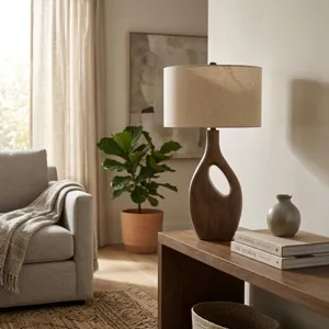23" Wooden Table Lamp W/cotton Linen Beige Shade