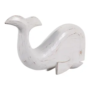 12x8" Alibizia Wood Whale, White