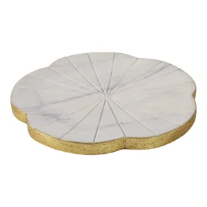 8x8\" Marble Flower Tray W/ Gold Edges, White