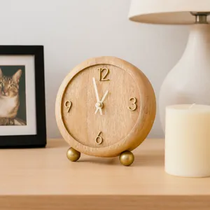 7x6\" Round Footed Clock With Brass Details, Natura