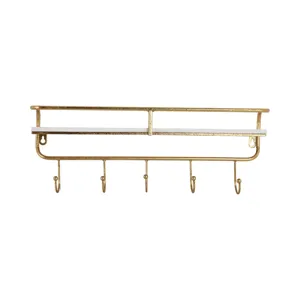 Ec Metal/wood 20" 5  Hook Wall Shelf, White/gold