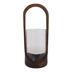 18x8" Modern Hurricane Lantern, Walnut/clear