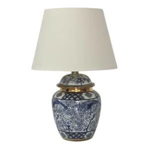 18" Chinoiserie Table Lamp Gold Trim, White/blue