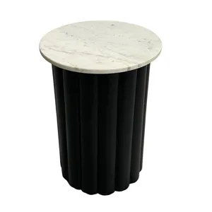20" Large Ribbed Accent Table Marble Top, Blk/wht